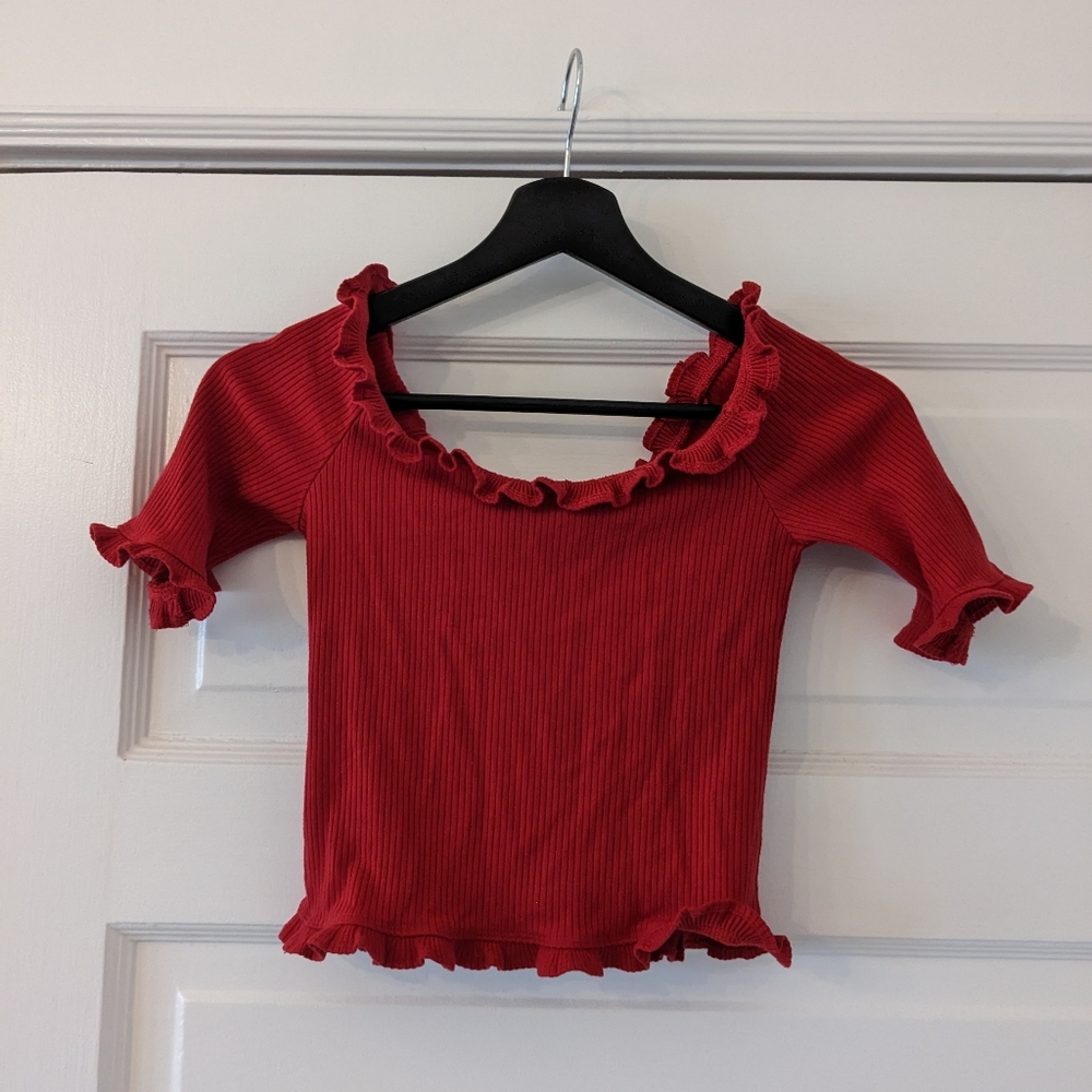 Reformation Red Off-Shoulder Ribbed Crop Top - Picture 3 of 6